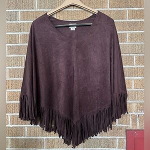ARIAT Fringe V-Neck Faux Suede Poncho Espresso Brown  L/XL